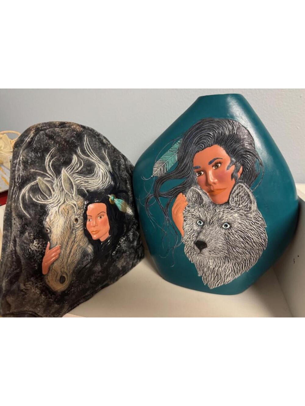 Hand-Painted Decorative Vases with Woman and Animal Motif - Set of 2